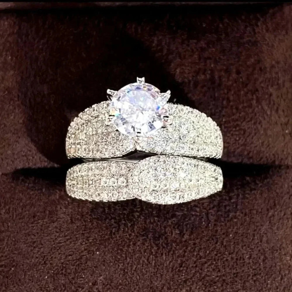 2 Pcs/set 925 Silver Plated Bridal Wedding Zircon Ring For Women Engagement NWT. - Picture 2 of 5